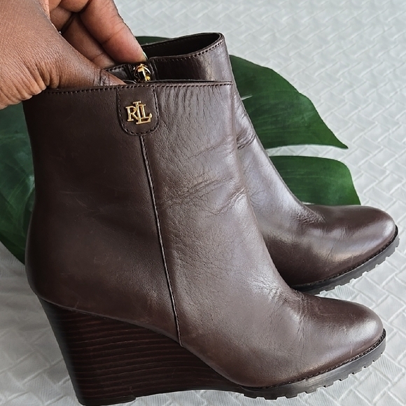 Lauren Ralph Lauren Brown Leather Wedge Ankle Boots Mobwife Spring Classy Boots - Picture 1 of 10